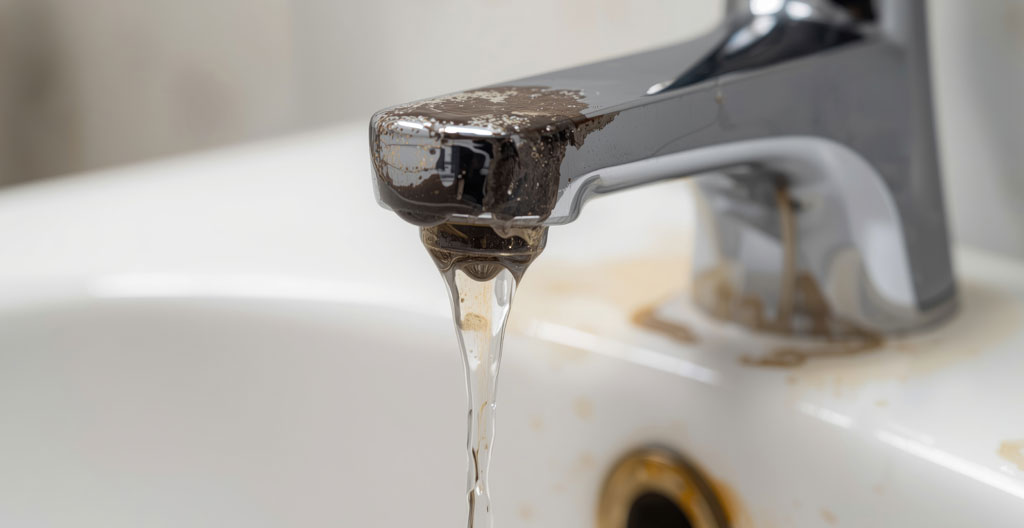 Eau s'écoulant lentement dans un lavabo avec dépôts de calcaire visibles