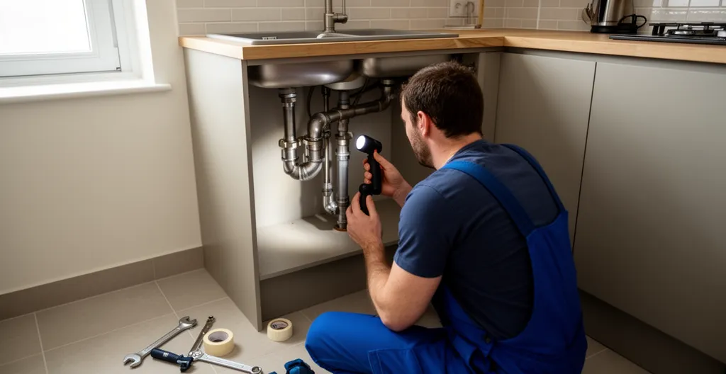 Technicien plombier inspectant les canalisations sous un évier de cuisine