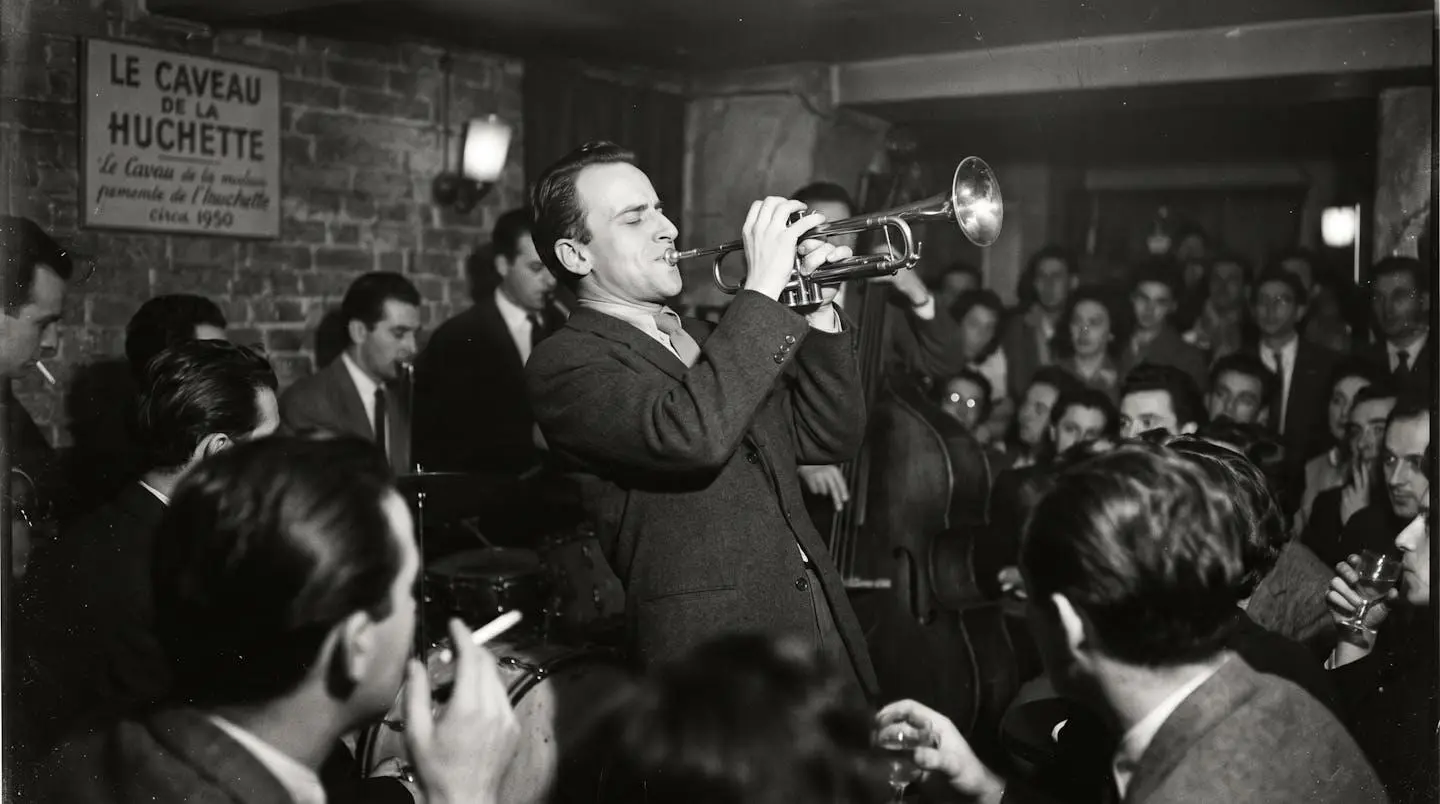 Boris Vian jouant de la trompette dans un club de jazz enfumé de Saint-Germain-des-Prés, photographie en noir et blanc des années 1950 prise sur le vif