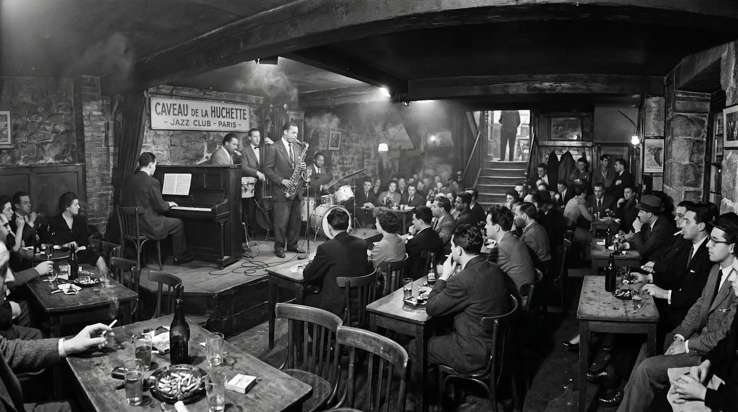 Intérieur d'une cave de jazz parisienne des années 1950 avec tables en bois, scène au fond et éclairage tamisé, ambiance documentaire en noir et blanc