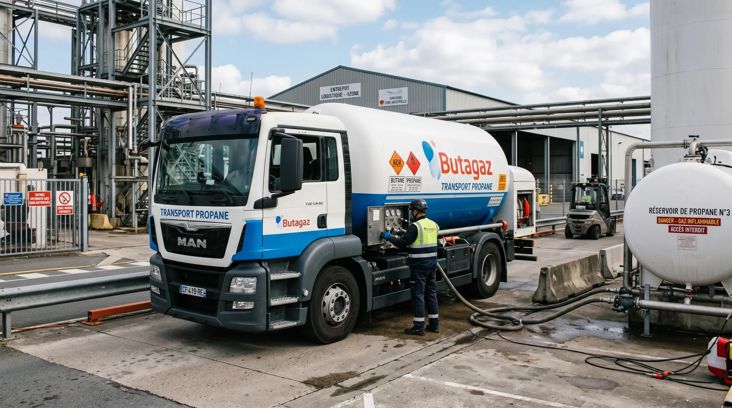 Camion-citerne de livraison propane approvisionnant un site industriel