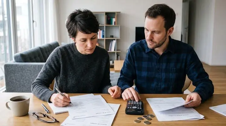 Un couple examine attentivement leurs documents financiers et relevés bancaires sur une table
