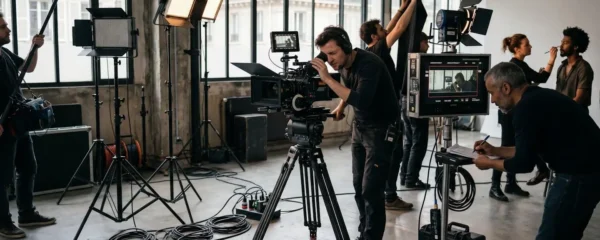 Équipe de tournage professionnel en action avec caméra cinéma numérique sur trépied, opérateur concentré au cadrage, assistant vérifiant la mise au point sur moniteur, éclairages LED positionnés, câbles organisés, plateau parisien reconnaissable en arrière-plan