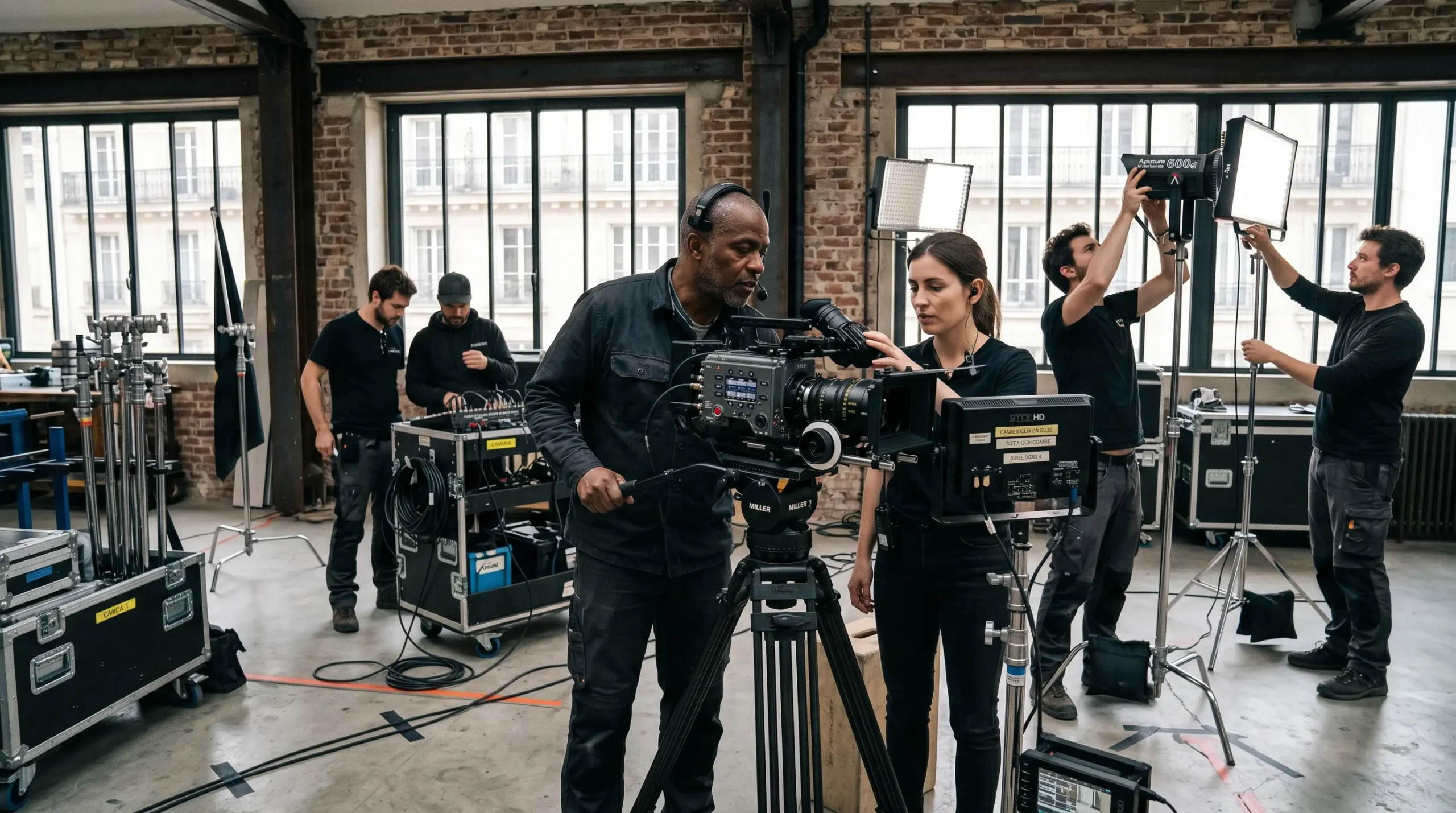 Équipe de tournage professionnel en action avec caméra cinéma numérique sur trépied, opérateur concentré au cadrage, assistant vérifiant la mise au point sur moniteur, éclairages LED positionnés, câbles organisés, plateau parisien reconnaissable en arrière-plan