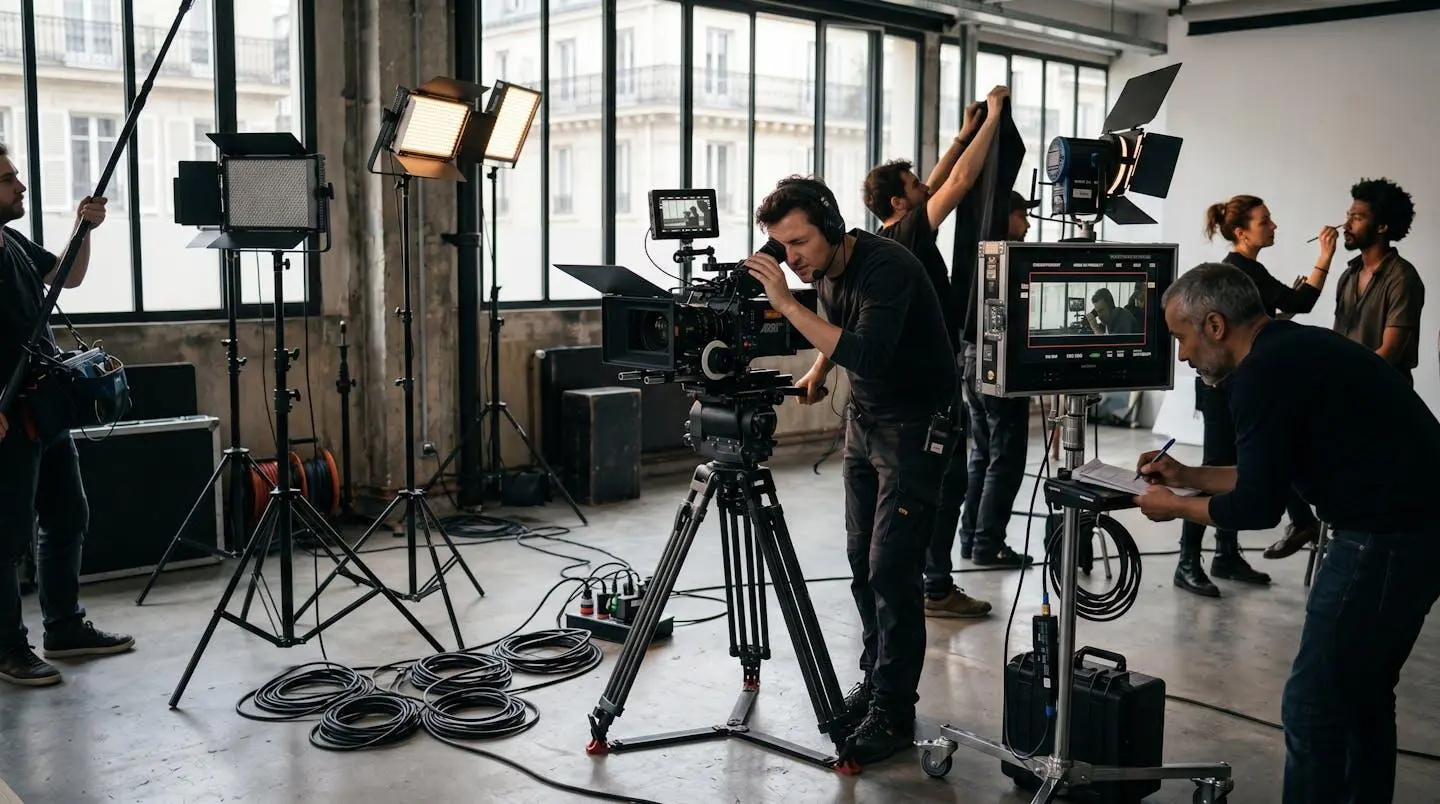 Équipe de tournage professionnel en action avec caméra cinéma numérique sur trépied, opérateur concentré au cadrage, assistant vérifiant la mise au point sur moniteur, éclairages LED positionnés, câbles organisés, plateau parisien reconnaissable en arrière-plan