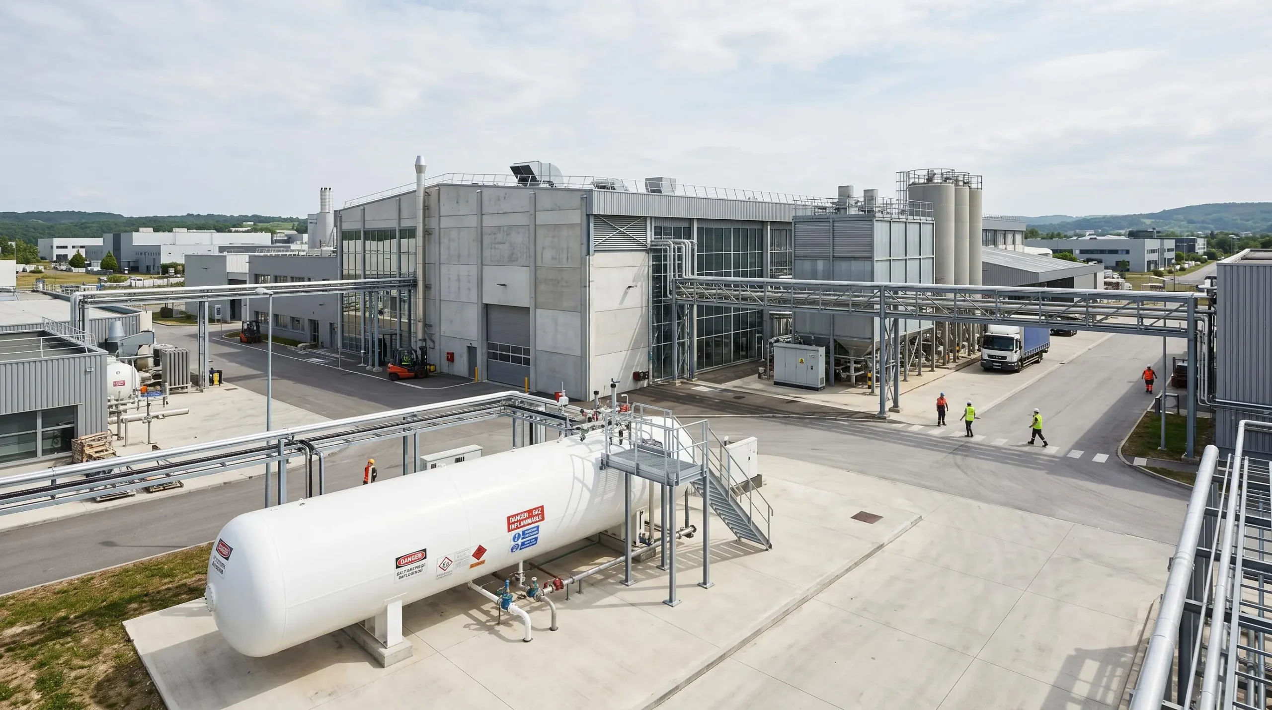 Site industriel français avec citerne de stockage propane blanche au premier plan, bâtiments de production modernes en arrière-plan