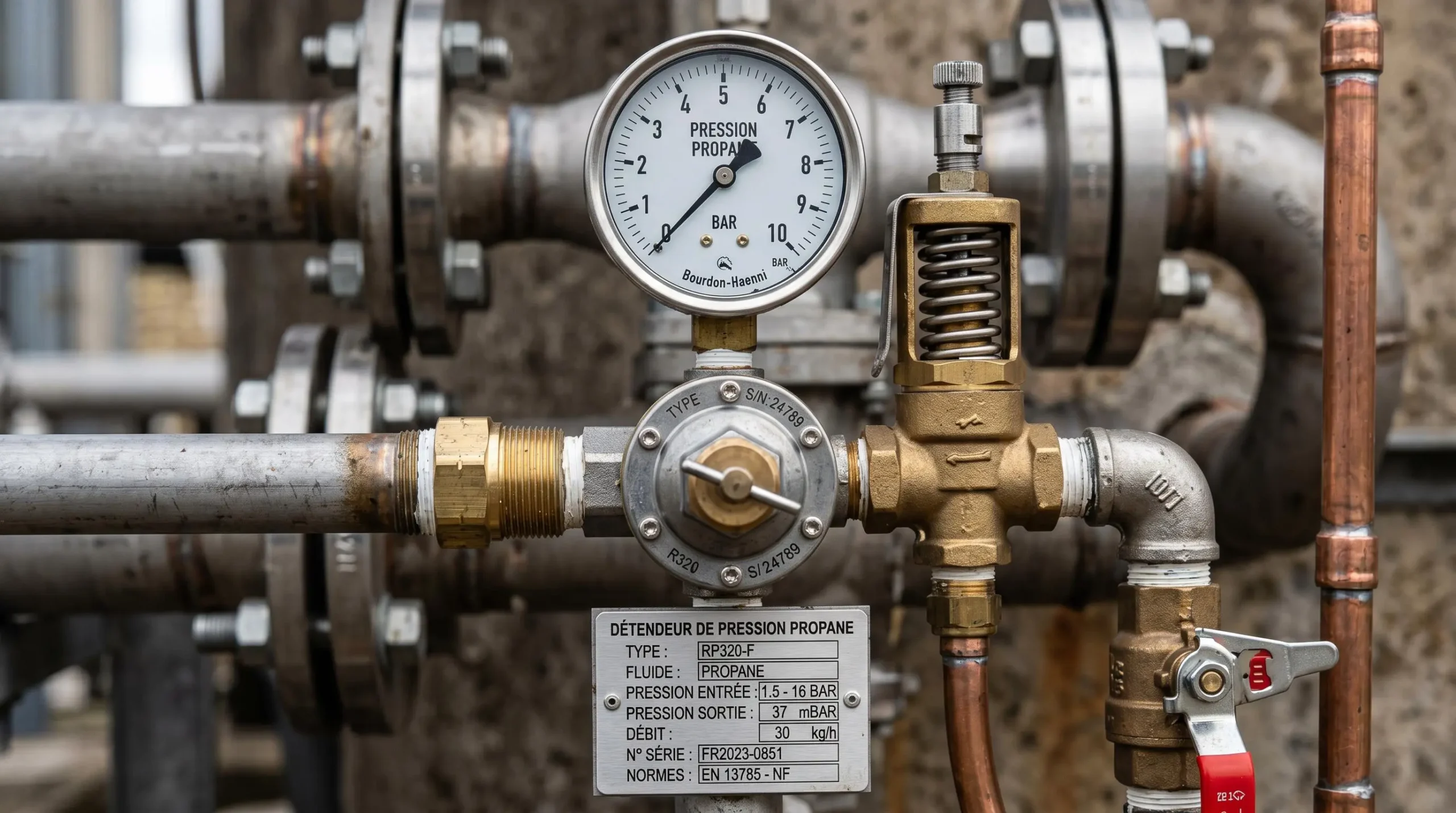 Détail macro d'un régulateur de pression et système de vannes pour installation de gaz propane industriel