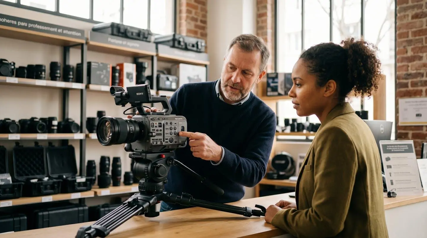 Technicien expert démontrant les fonctionnalités d'une caméra broadcast professionnelle à une cliente attentive dans espace conseil de loueur parisien, gestes de démonstration précis, équipements rangés en arrière-plan, lumière naturelle chaleureuse