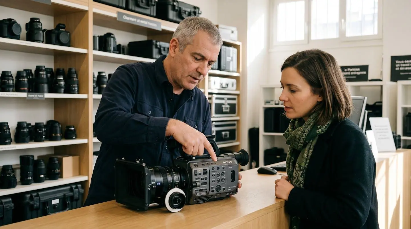 Technicien expert démontrant les fonctionnalités d'une caméra broadcast professionnelle à une cliente attentive dans espace conseil de loueur parisien, gestes de démonstration précis, équipements rangés en arrière-plan, lumière naturelle chaleureuse