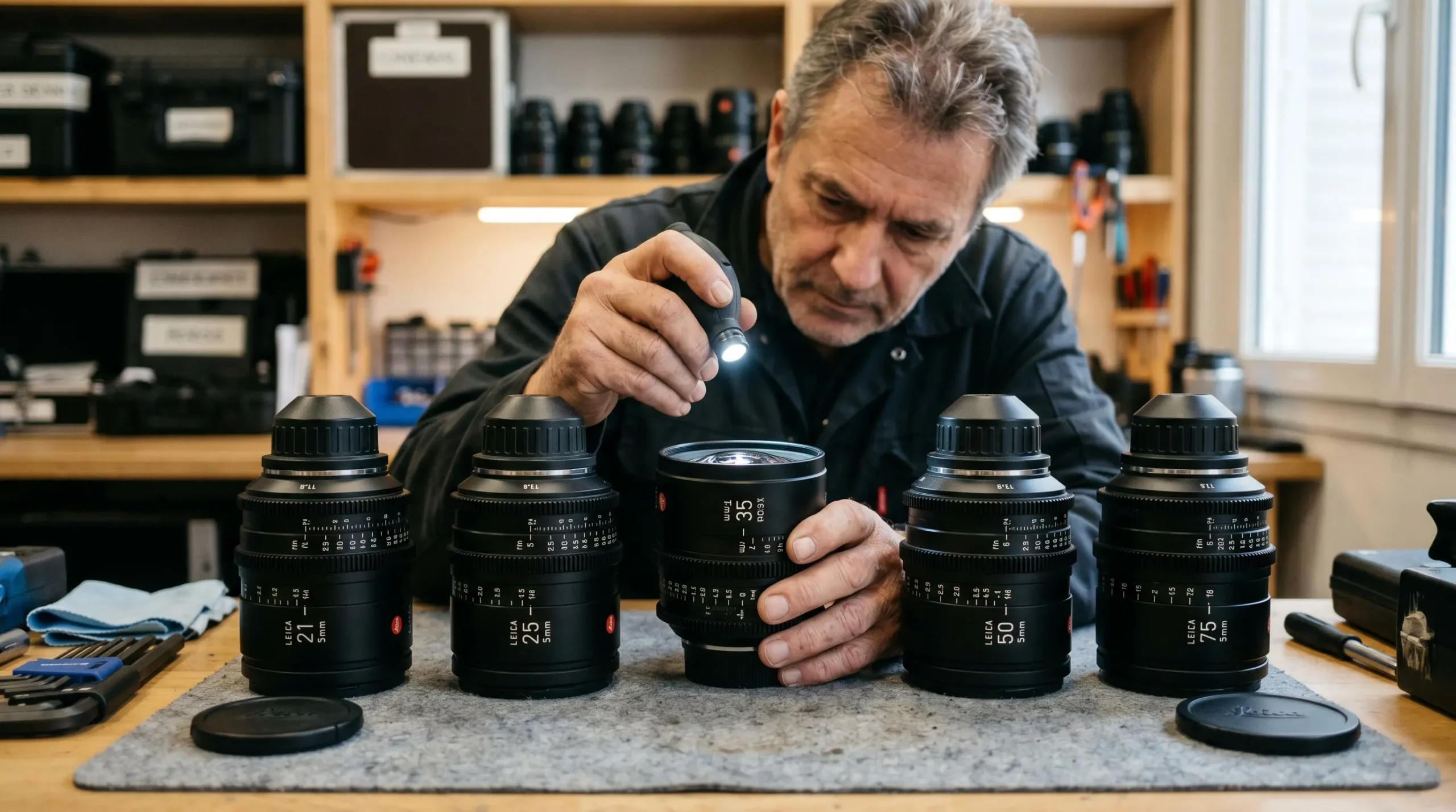 Technicien spécialisé inspectant objectifs cinéma professionnels de différentes focales sur établi de préparation, geste de contrôle qualité, bagues crantées et marquages T-stop visibles, espace de travail organisé de loueur parisien