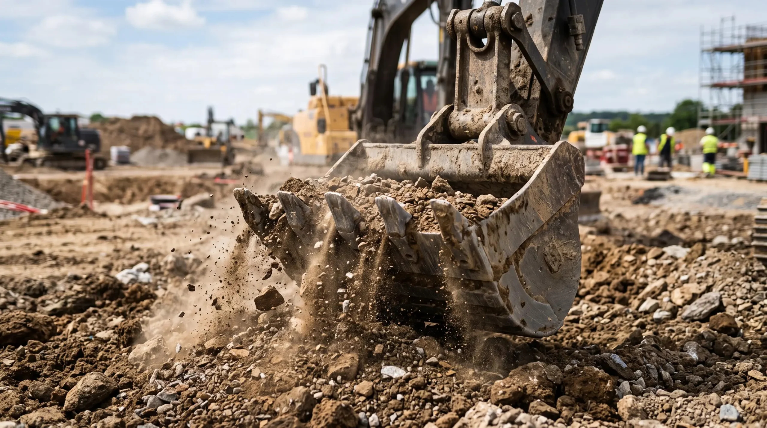 Godet de terrassement d'une tractopelle en action, pénétrant dans la terre et les gravats lors de travaux d'excavation sur un chantier