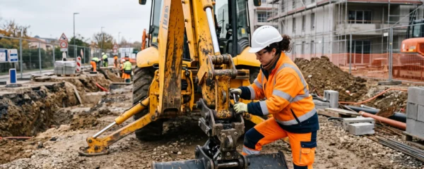 Opérateur manipulant le système d'attache rapide hydraulique d'une tractopelle pour connecter un nouvel accessoire sur un chantier de travaux publics