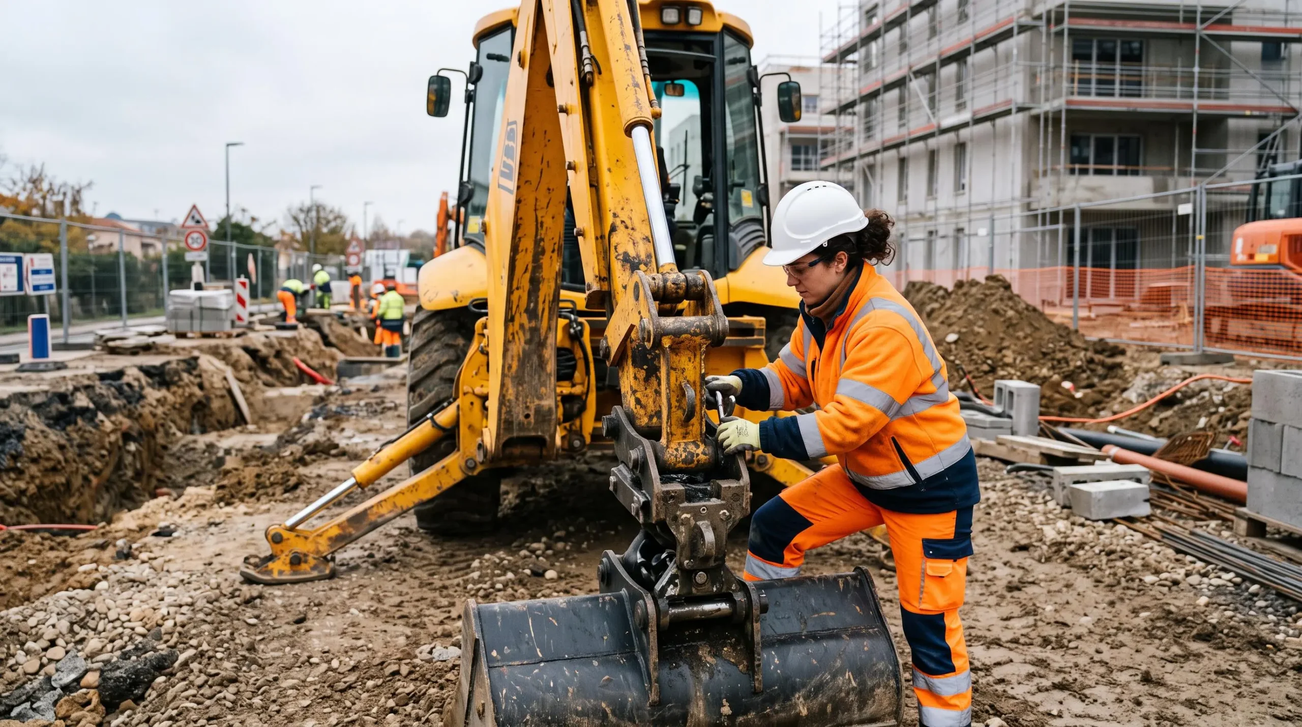 Opérateur manipulant le système d'attache rapide hydraulique d'une tractopelle pour connecter un nouvel accessoire sur un chantier de travaux publics