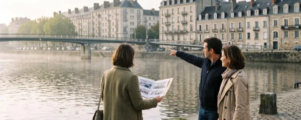 Un agent immobilier montre des biens à un couple sur un quai de la Loire, avec des immeubles résidentiels sur l'autre rive de la métropole de Nantes.