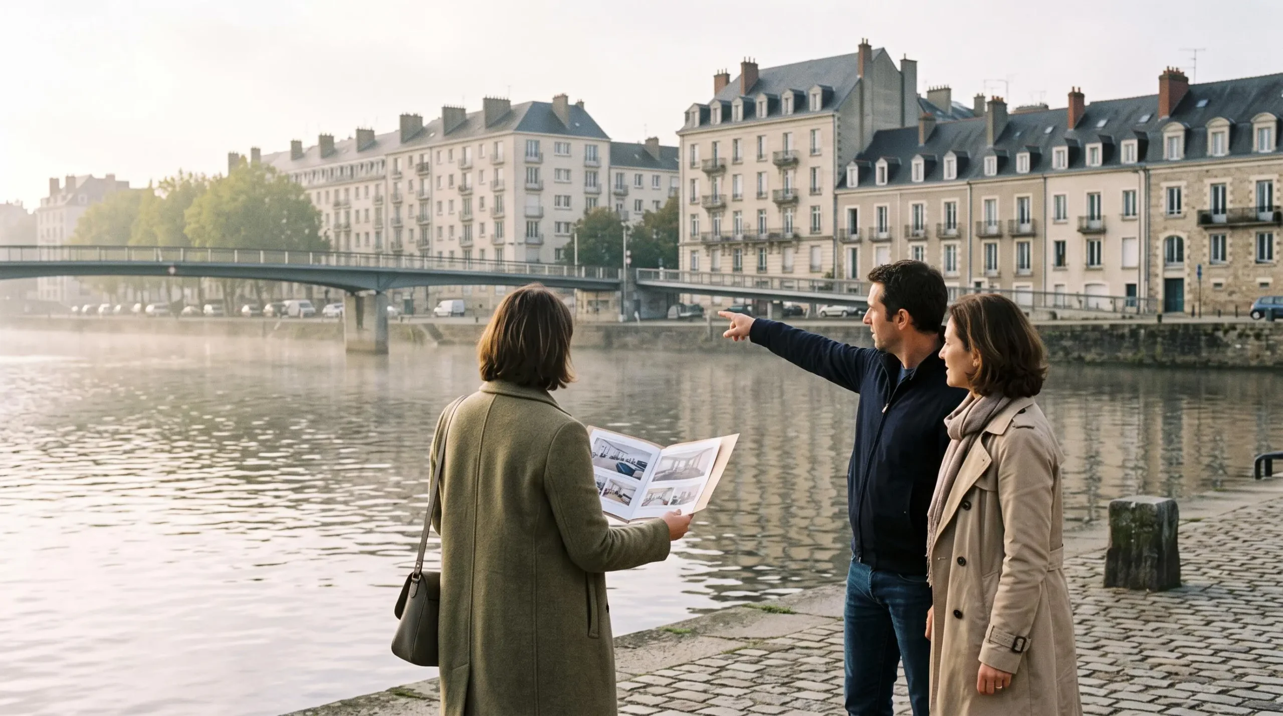 Un agent immobilier montre des biens à un couple sur un quai de la Loire, avec des immeubles résidentiels sur l'autre rive de la métropole de Nantes.