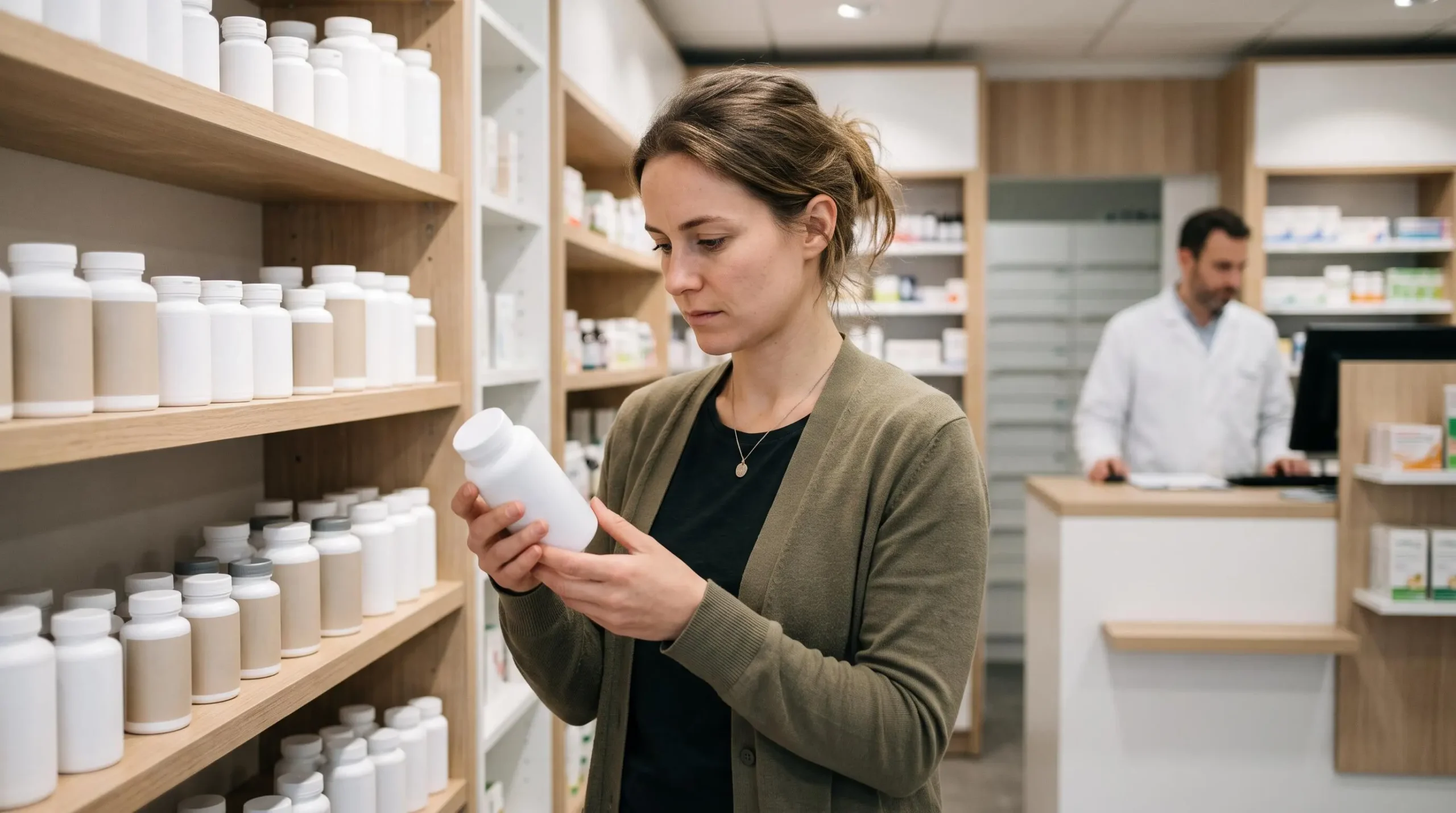 Une cliente examine attentivement un complément alimentaire en poudre dans une pharmacie.