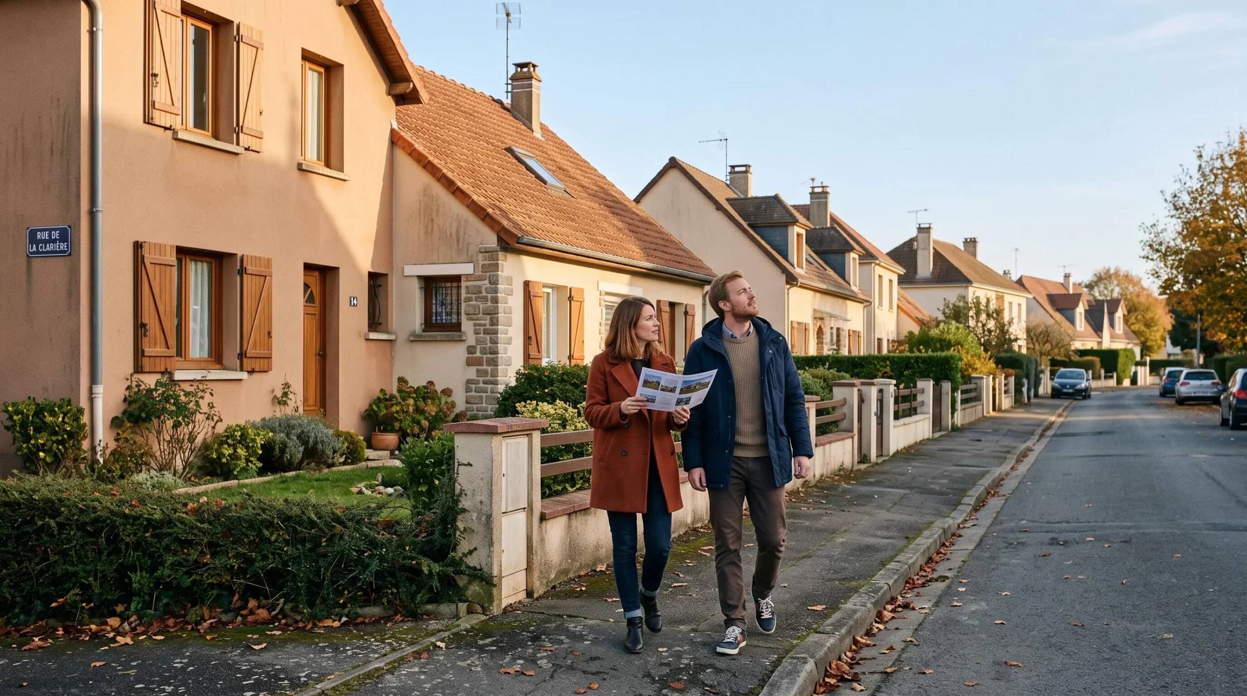 Un couple compare une annonce immobilière imprimée avec les maisons d'une rue résidentielle du sud de la métropole de Nantes.