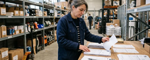 Dirigeant d'une PME française vérifiant des factures clients et bons de livraison dans son entrepôt