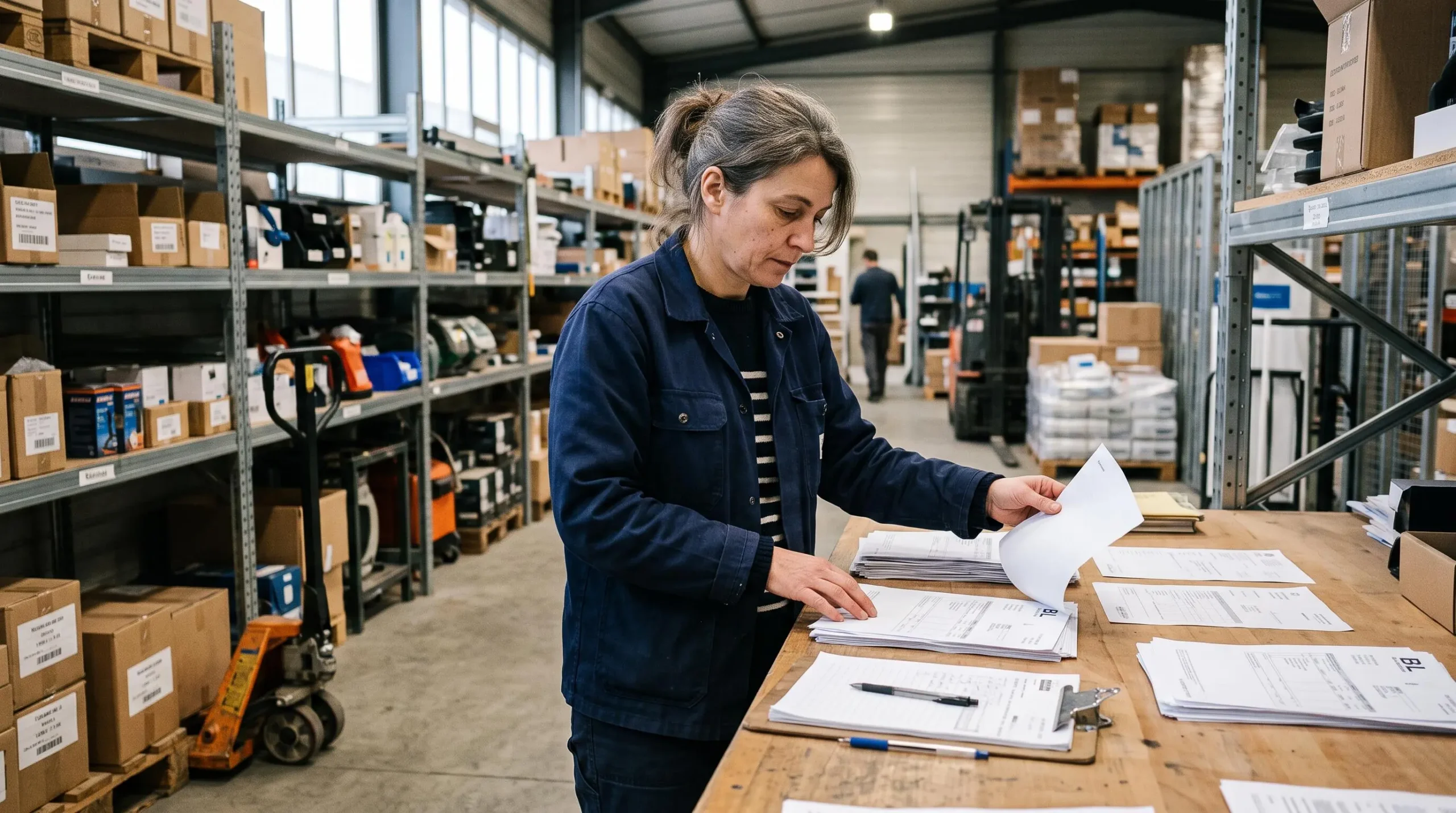 Dirigeant d'une PME française vérifiant des factures clients et bons de livraison dans son entrepôt
