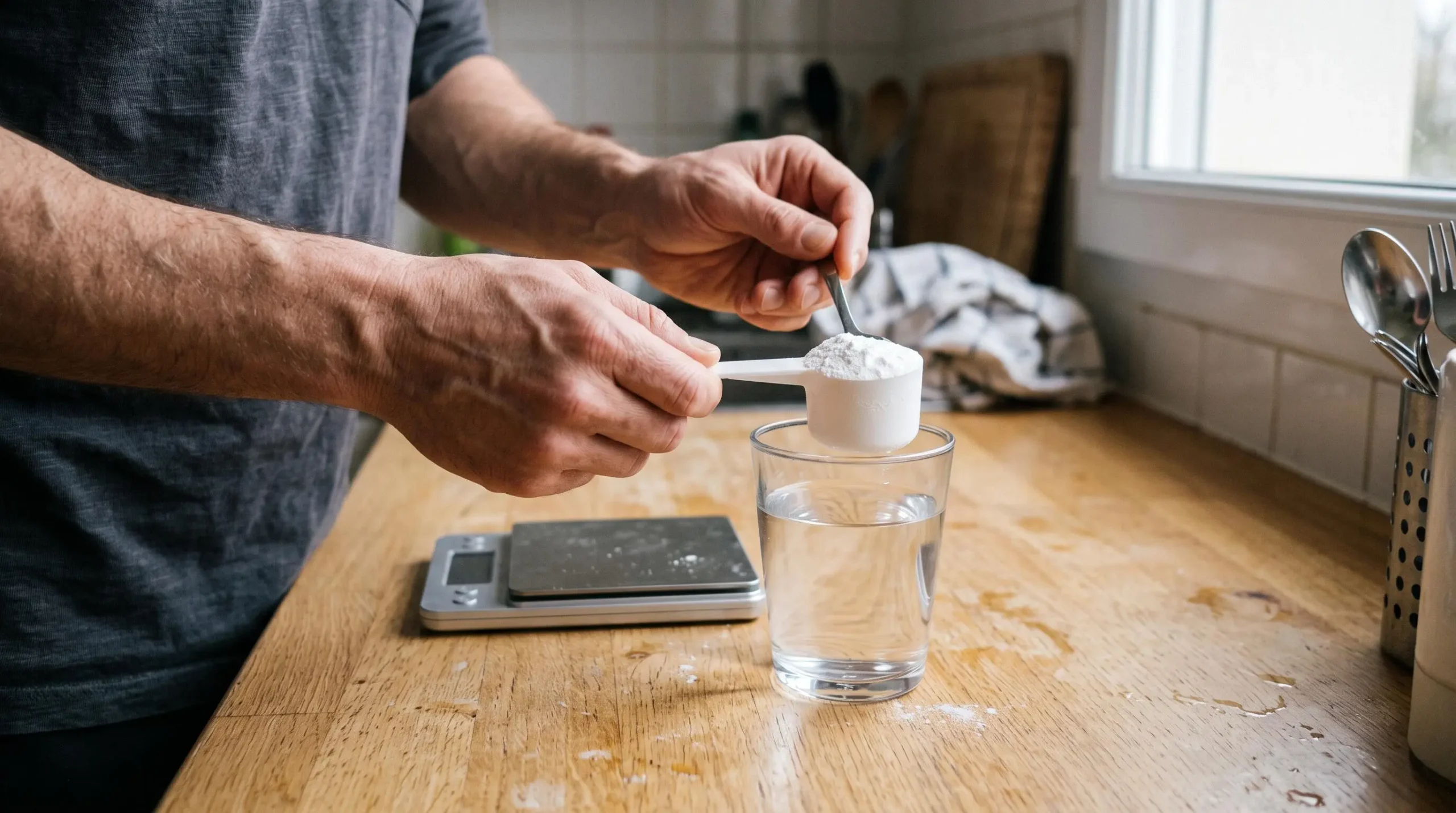 Des mains dosent de la poudre de créatine avec une cuillère au-dessus d'un verre d'eau posé sur une balance de cuisine.
