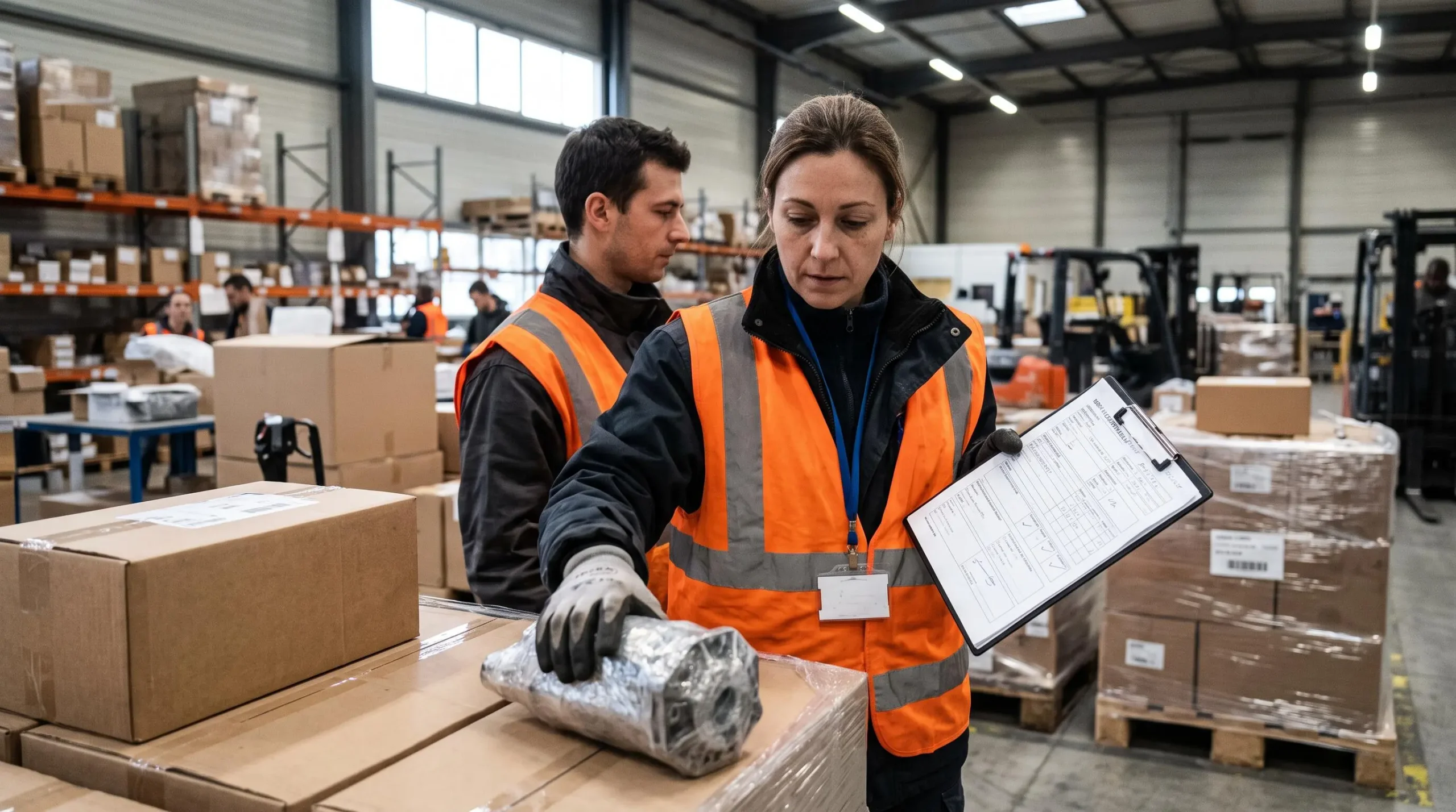 Employé logistique vérifiant une livraison avec bon de livraison dans un centre de distribution français