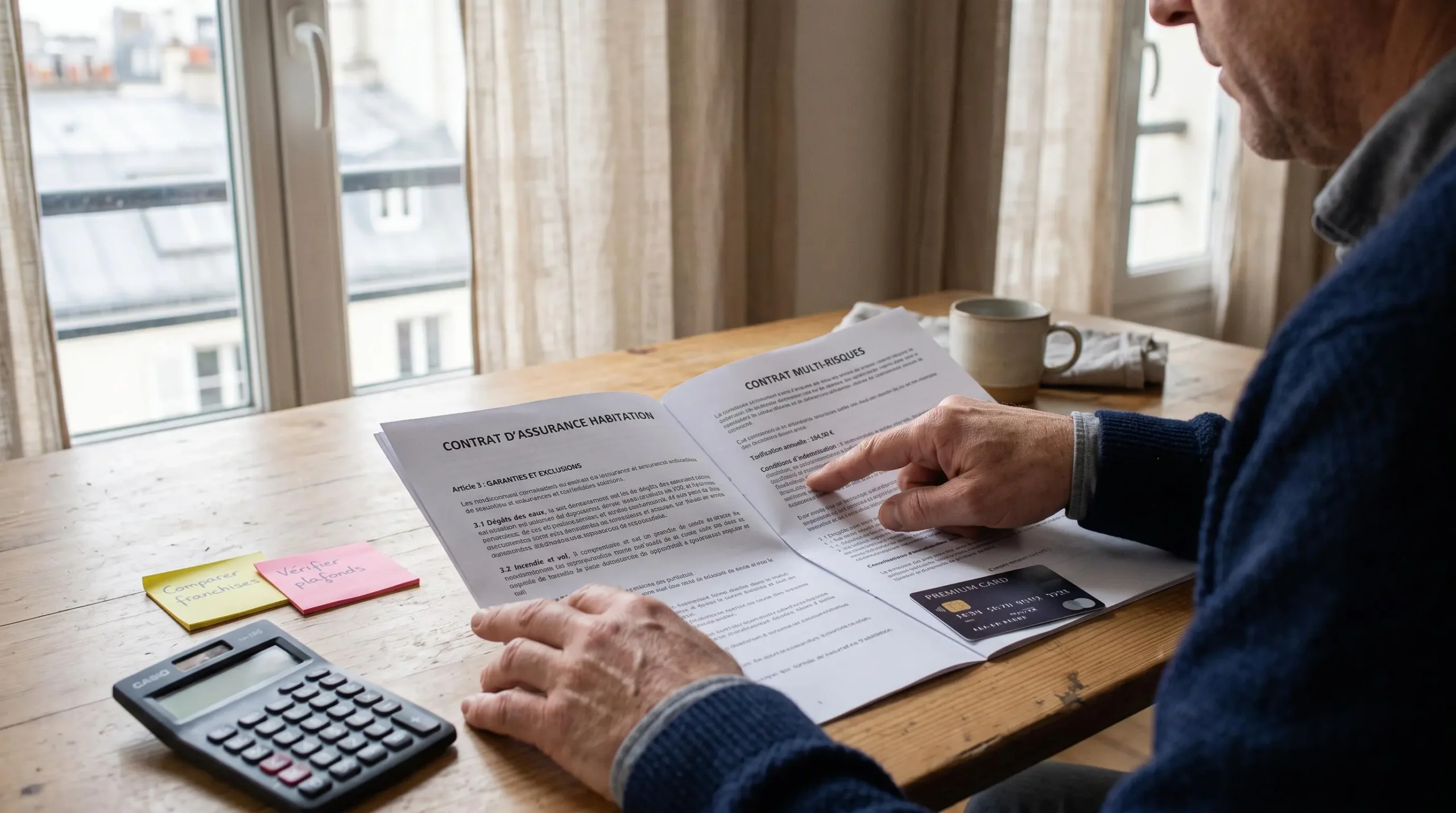 Un homme compare deux contrats d'assurance voyage posés sur une table, le doigt pointé sur une ligne du document, une carte bancaire à côté.