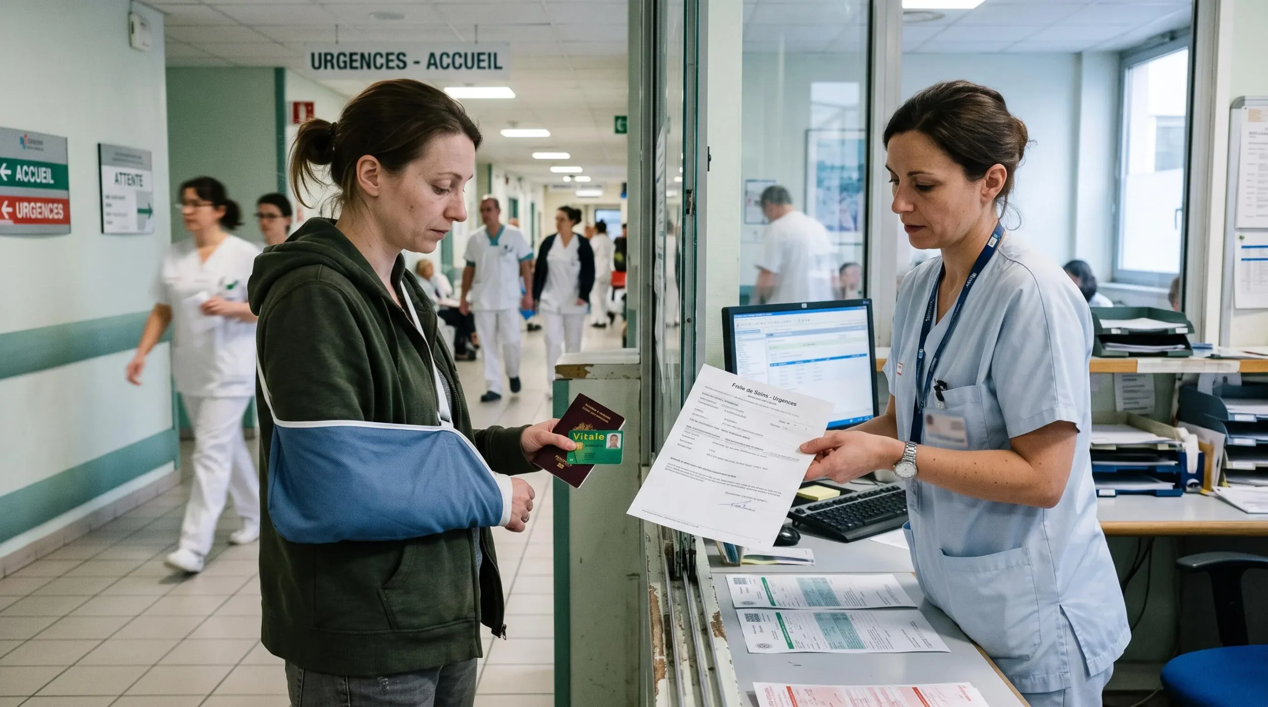 Une patiente avec le bras en écharpe reçoit des documents d'une infirmière à l'accueil d'un service d'urgence en France.