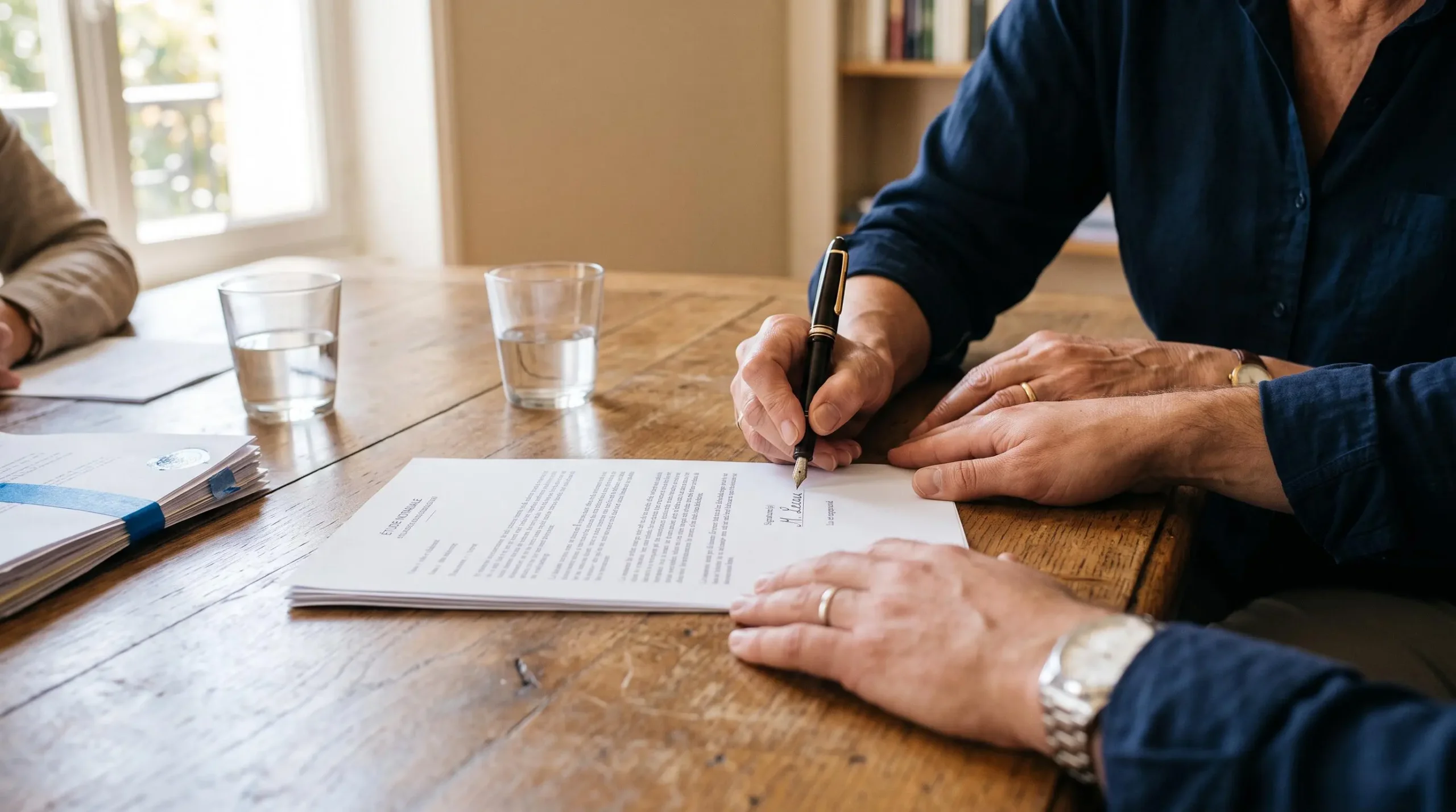 Gros plan sur deux mains signant un document immobilier sur une table en bois dans une étude notariale.