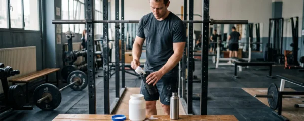 Un sportif verse de la poudre de créatine dans un shaker posé sur un banc dans une salle de musculation.