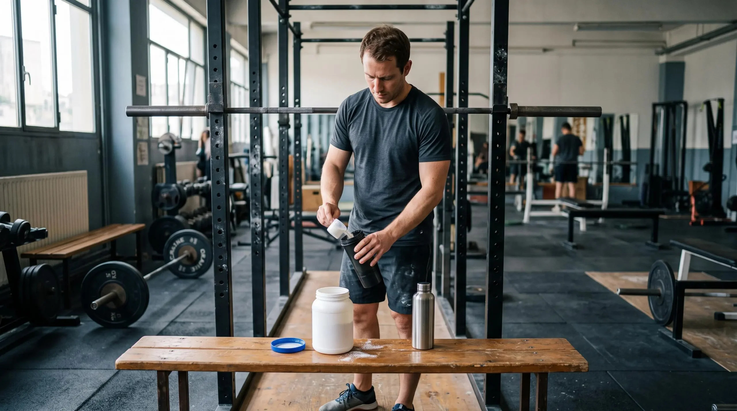 Un sportif verse de la poudre de créatine dans un shaker posé sur un banc dans une salle de musculation.