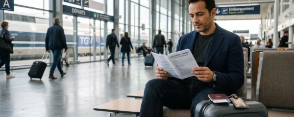 Un voyageur assis dans un hall d'aéroport en France lit les conditions d'un contrat d'assurance voyage, une valise posée à côté de lui.