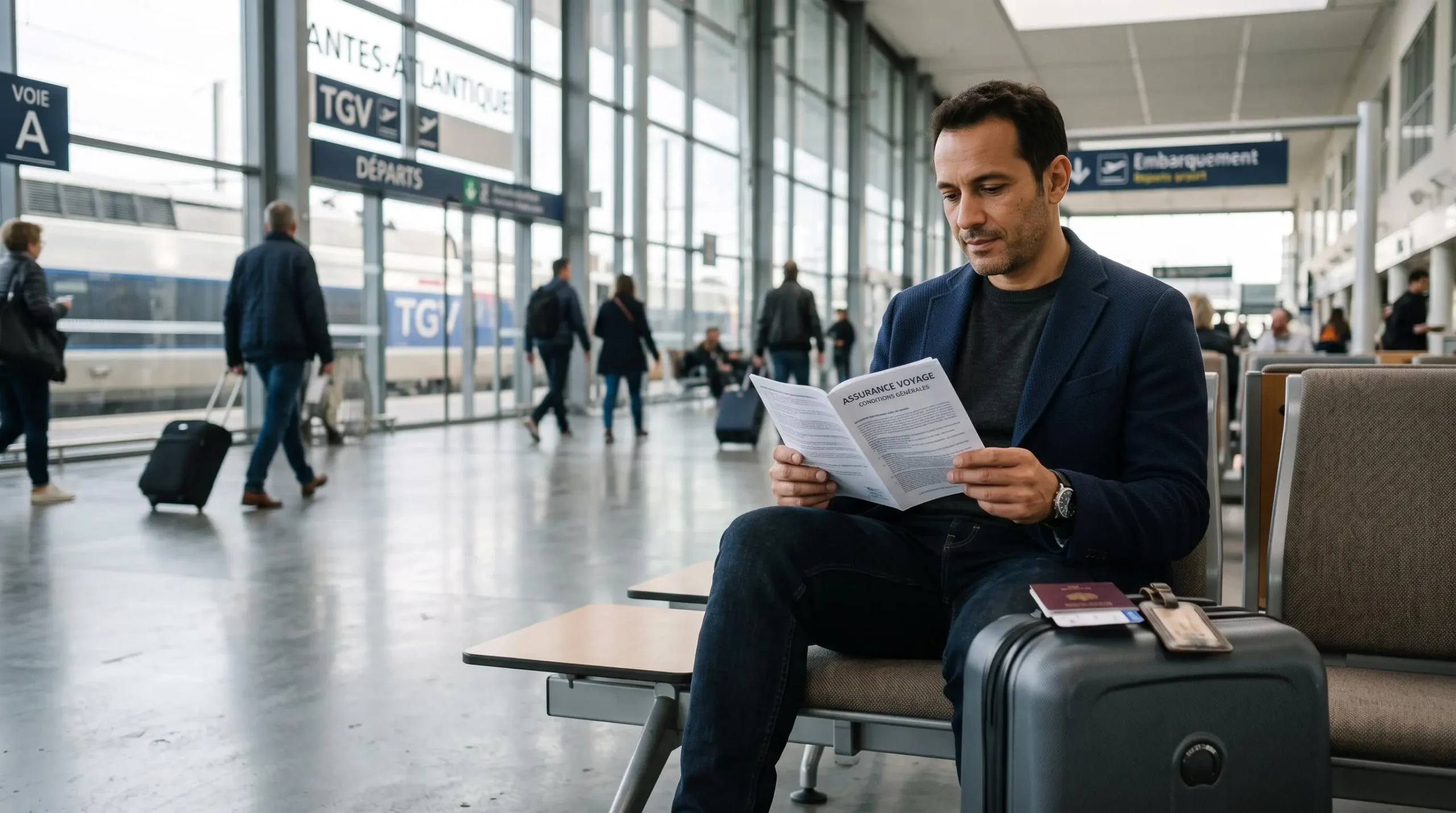 Un voyageur assis dans un hall d'aéroport en France lit les conditions d'un contrat d'assurance voyage, une valise posée à côté de lui.