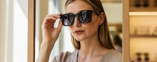 Une femme essaie des lunettes de soleil carrées noires devant un miroir en opticien.
