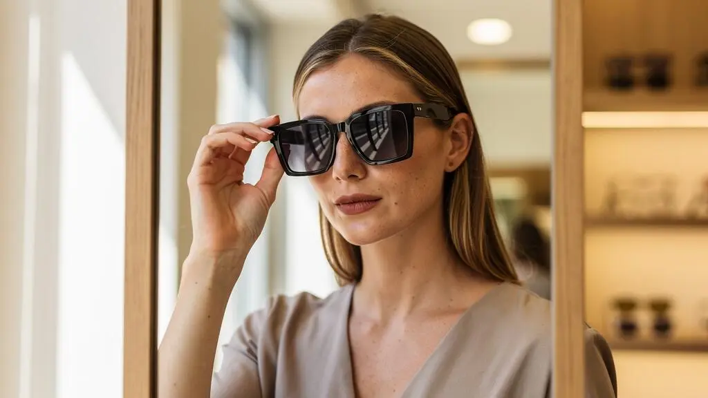 Une femme essaie des lunettes de soleil carrées noires devant un miroir en opticien.