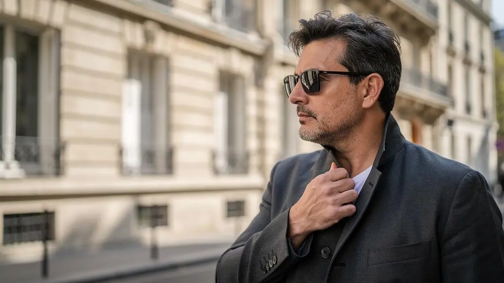 Un homme porte des lunettes de soleil rectangulaires en marchant dans une rue parisienne.