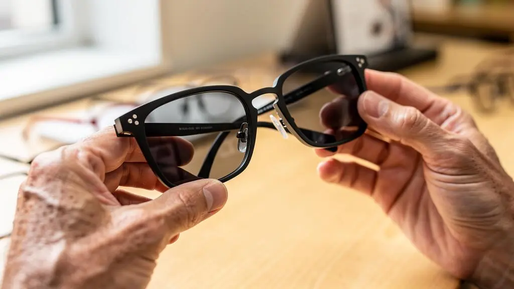 Des mains examinent les charnières d'une monture de lunettes carrée sur un comptoir.