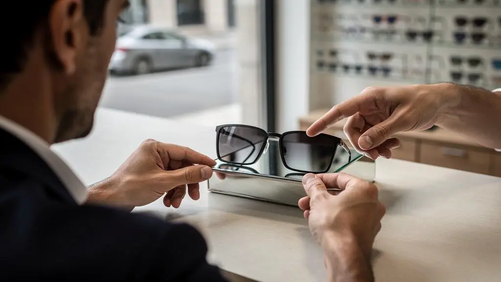 Un opticien présente deux montures aux formes carrée et rectangulaire à un client assis.